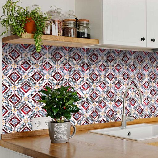 Vintage Peel and Stick Tile Stickers Red and Gold pattern for kitchen renovation Model - H59