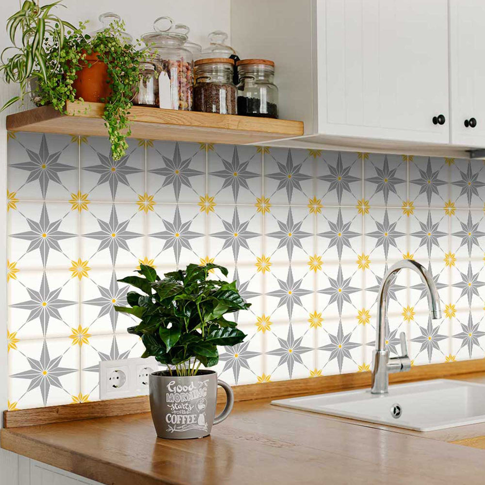 Gray and Yellow star shaped tiles for home décor peel and stick Tile Stickers Model - B63