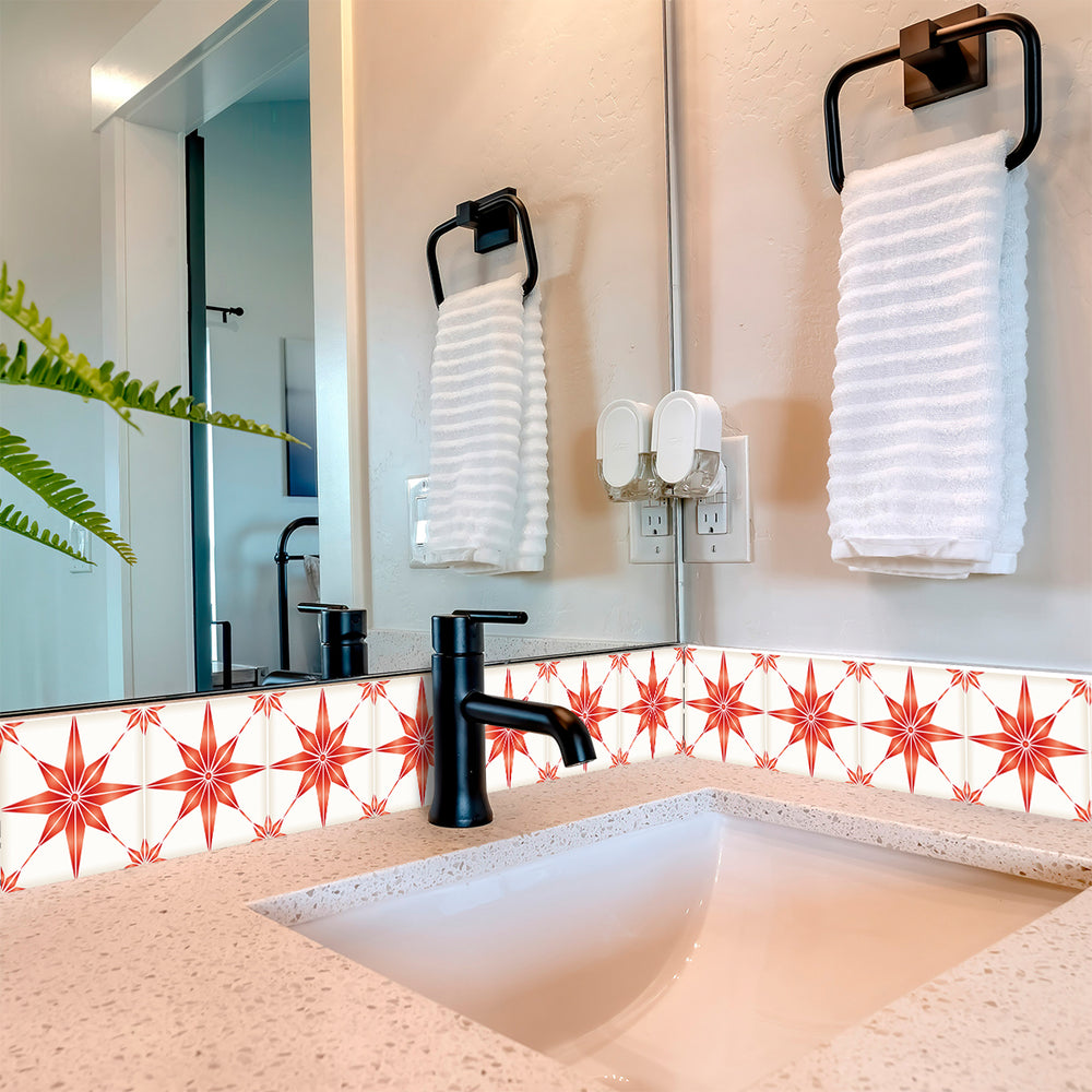 Easy to remove peel and stick wallpaper Red and White star shaped Tile Stickers Model - B68