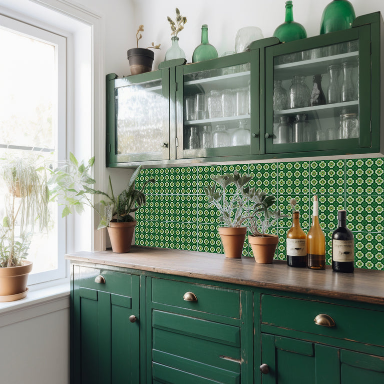 Emerald Garden Bloom Backsplash Tile Stickers – Vibrant Green Floral Botanical Peel and Stick Wall Tiles - C191