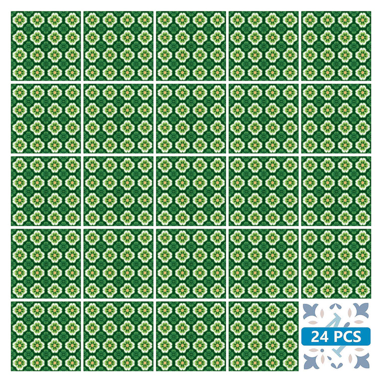 Emerald Garden Bloom Backsplash Tile Stickers – Vibrant Green Floral Botanical Peel and Stick Wall Tiles - C191
