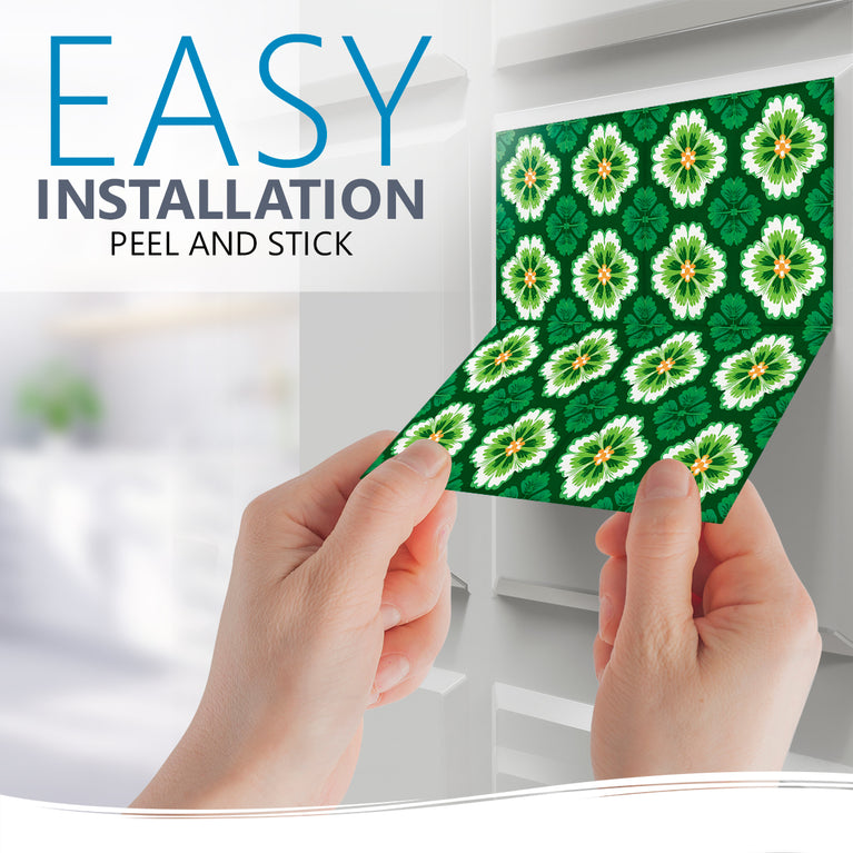 Emerald Garden Bloom Backsplash Tile Stickers – Vibrant Green Floral Botanical Peel and Stick Wall Tiles - C191