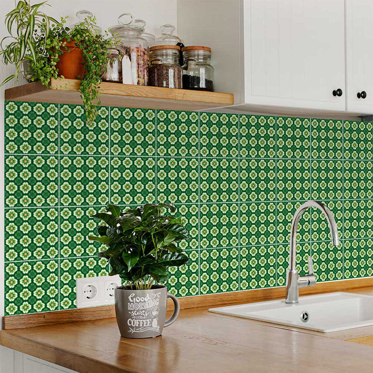 Emerald Garden Bloom Backsplash Tile Stickers – Vibrant Green Floral Botanical Peel and Stick Wall Tiles - C191