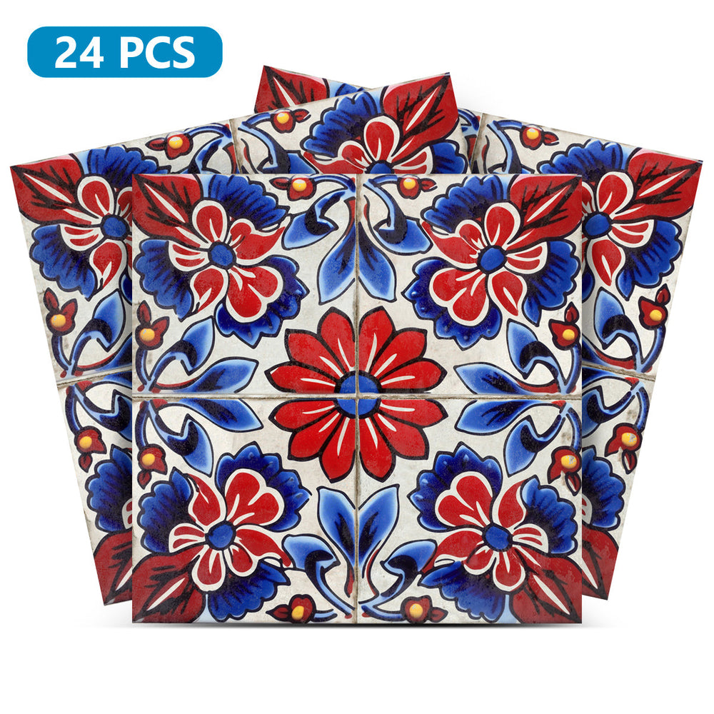 Red and Blue Mexican Retro floral Easy Installation Tile Stickers Model - C26