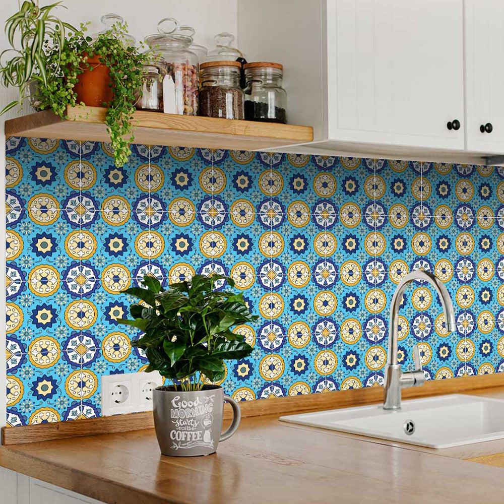 Connecting pattern Blue and Yellow backsplash peel and stick Tile Stickers Model - C42