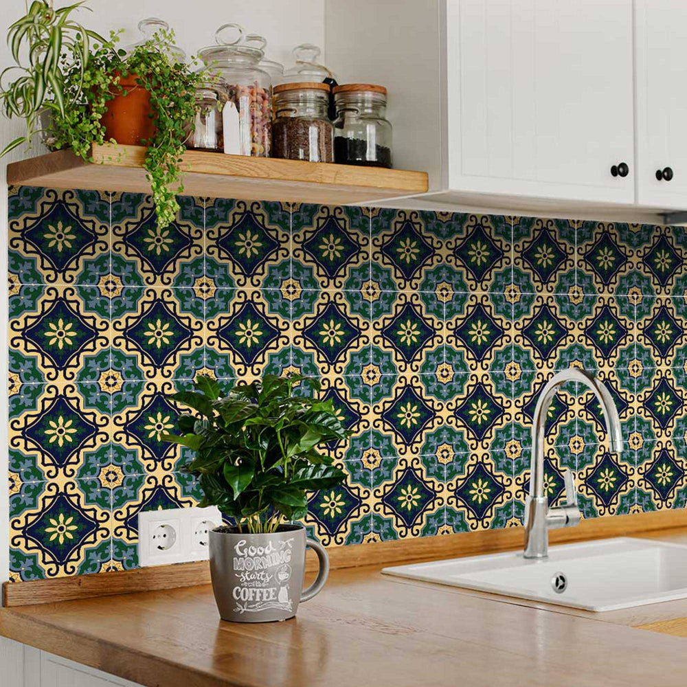 Yellow and Green Tile Stickers with flower shape for kitchen wall tiles Model - C7
