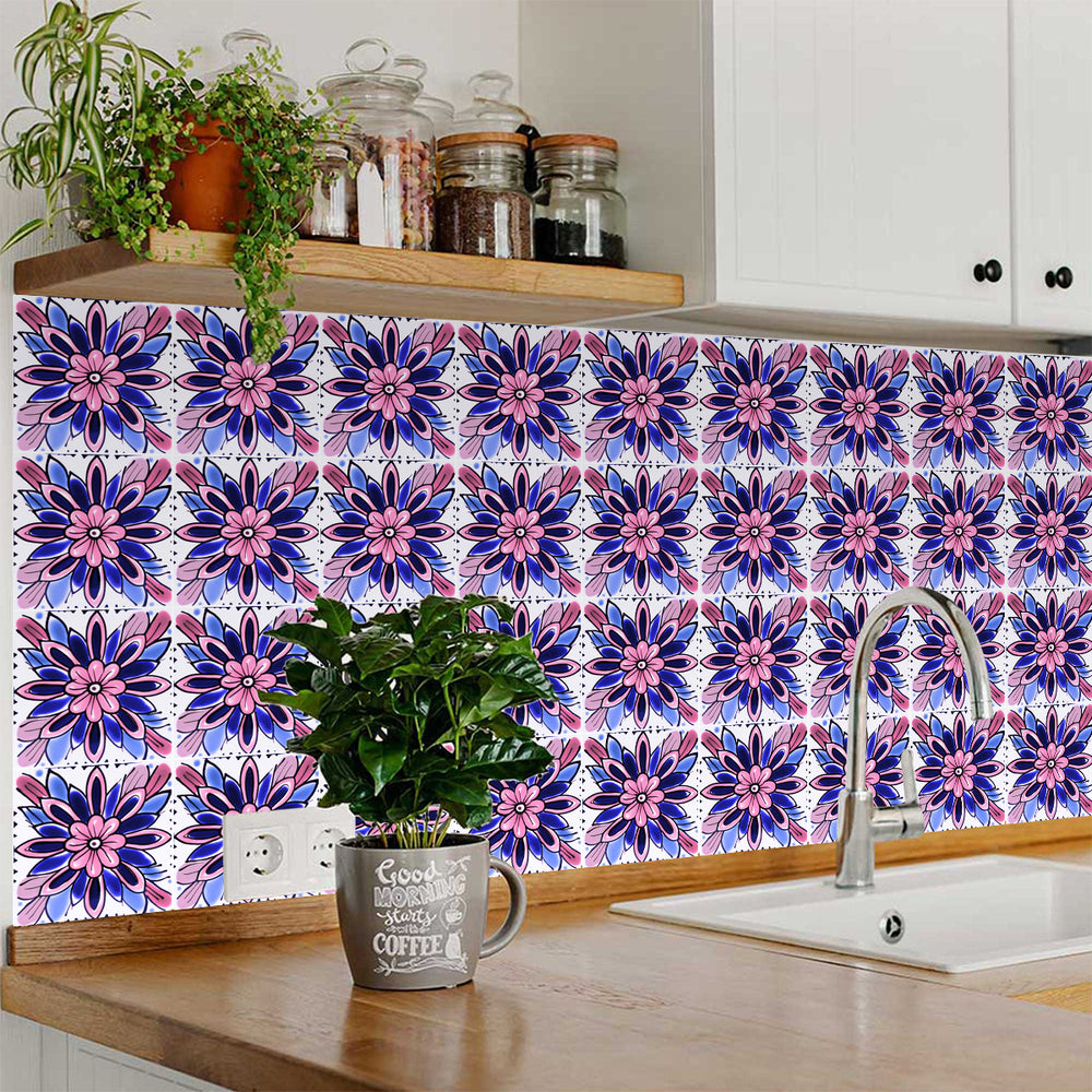 Floral Vintage Pink Blue Colorful Design Tile Stickers Decorative DIY Home Tiles Model - C82
