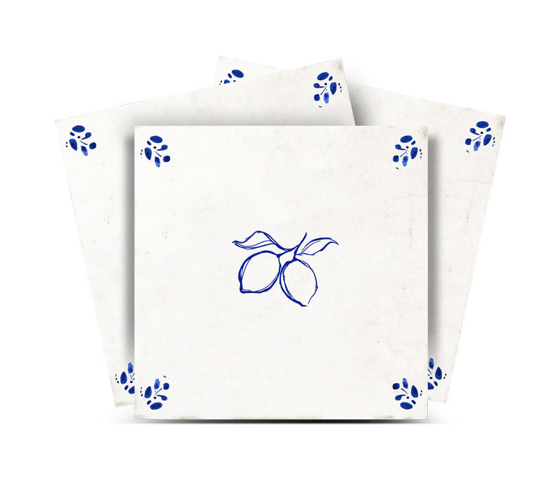 Delft Tile Amalfi Blue Lemon Branch Vintage Mediterranean Decorative Kitchen Backsplash Tile Stickers - D100