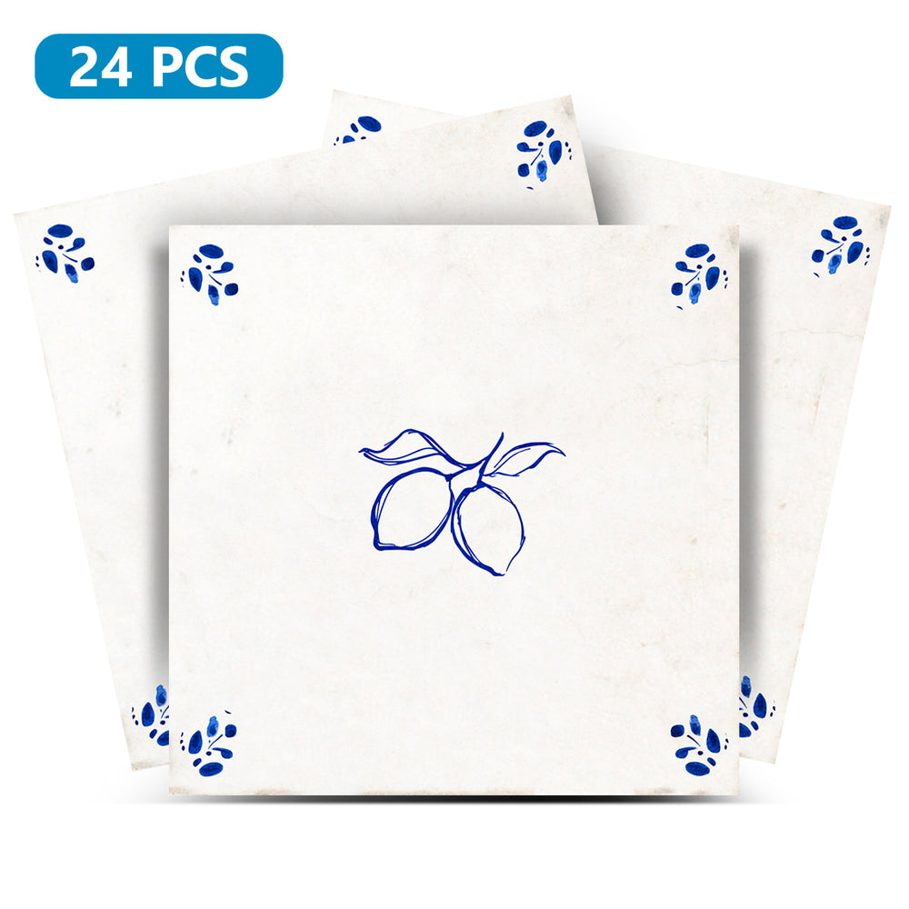 Delft Tile Amalfi Blue Lemon Branch Vintage Mediterranean Decorative Kitchen Backsplash Tile Stickers - D100