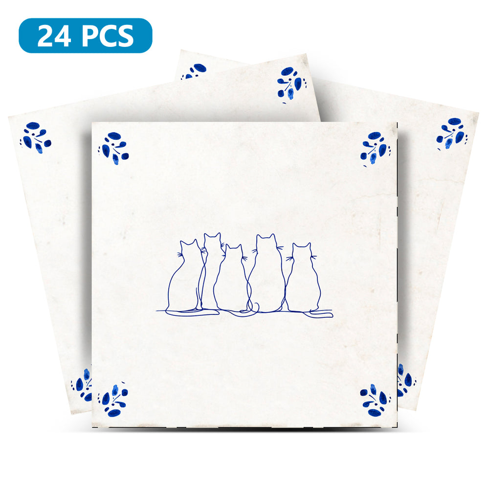 Delft Tile Adorable Five Cats Together Minimalist Blue Line Art Vintage Mediterranean Kitchen Backsplash Tile Stickers - D101