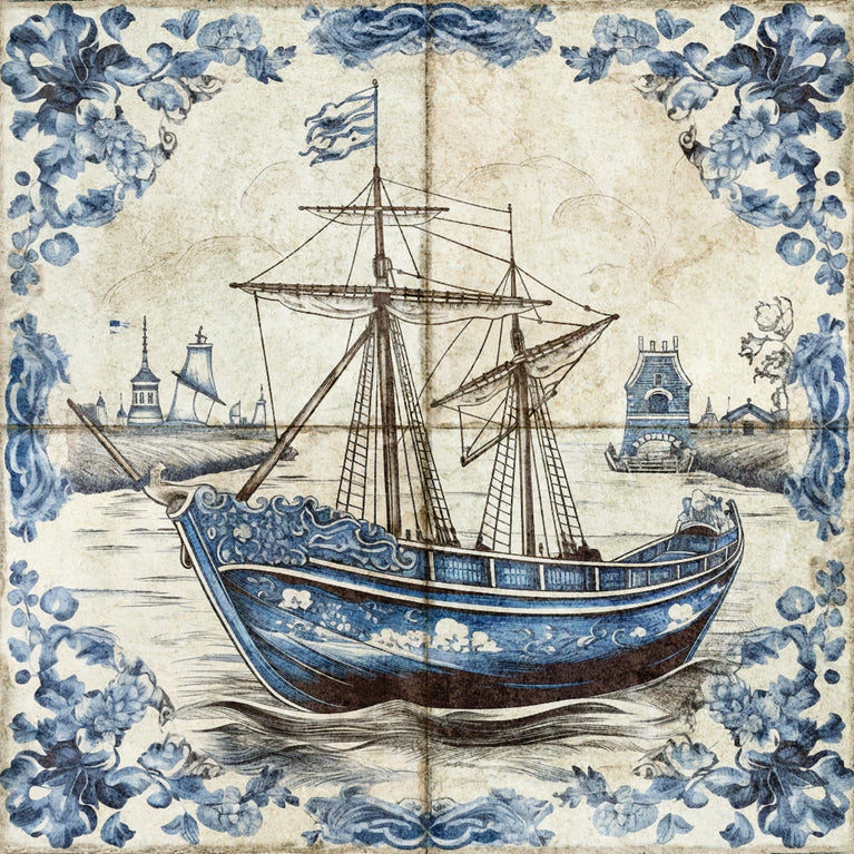 Blue ship Delft Beautiful pattern easy to install for home renovation Model - D27