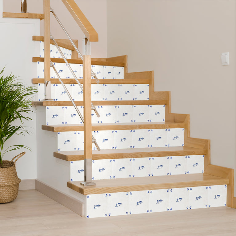 Delft Tile Vintage Mediterranean Fish Pair Hand-Drawn Blue Line Art Kitchen Backsplash Tile Stickers - D403