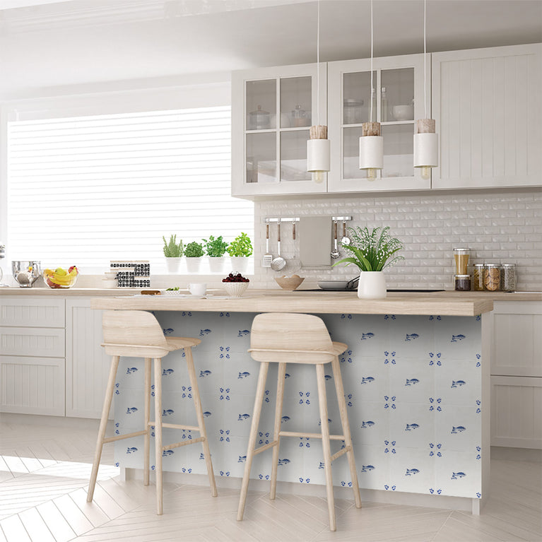 Delft Tile Vintage Mediterranean Fish Pair Hand-Drawn Blue Line Art Kitchen Backsplash Tile Stickers - D403