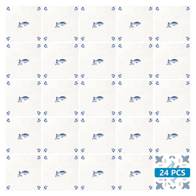Delft Tile Vintage Mediterranean Fish Pair Hand-Drawn Blue Line Art Kitchen Backsplash Tile Stickers - D403
