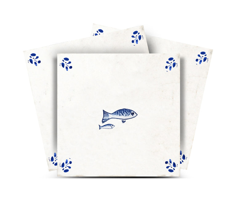 Delft Tile Vintage Mediterranean Fish Pair Hand-Drawn Blue Line Art Kitchen Backsplash Tile Stickers - D403