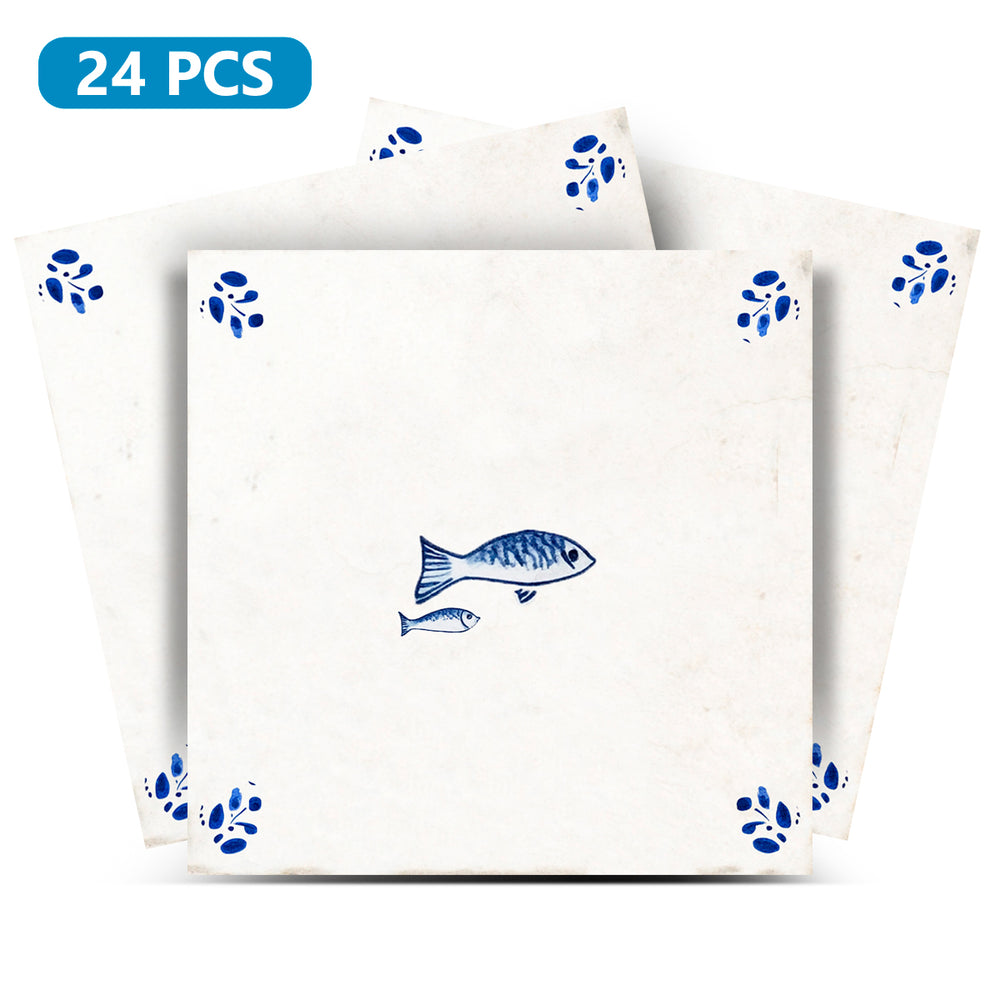 Delft Tile Vintage Mediterranean Fish Pair Hand-Drawn Blue Line Art Kitchen Backsplash Tile Stickers - D403