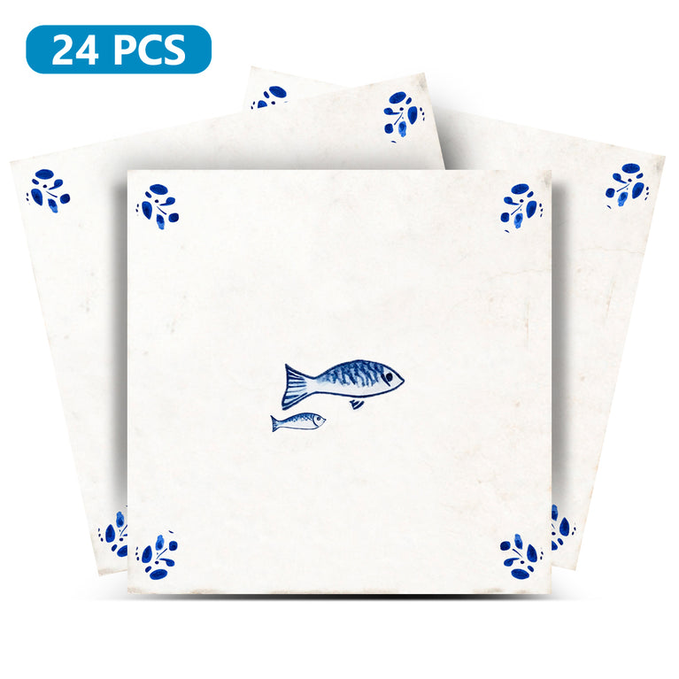 Delft Tile Vintage Mediterranean Fish Pair Hand-Drawn Blue Line Art Kitchen Backsplash Tile Stickers - D403