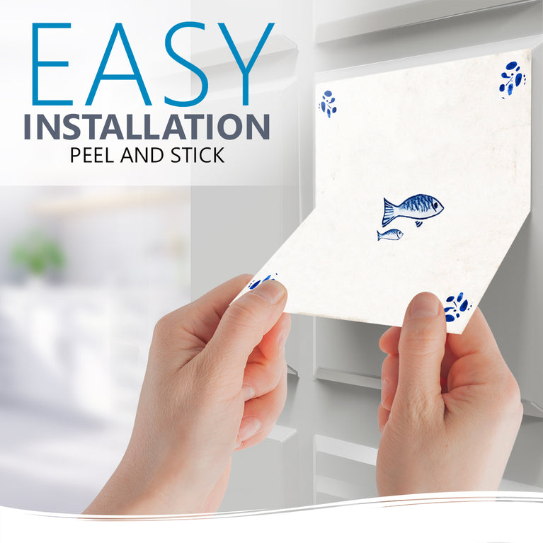 Delft Tile Vintage Mediterranean Fish Pair Hand-Drawn Blue Line Art Kitchen Backsplash Tile Stickers - D403