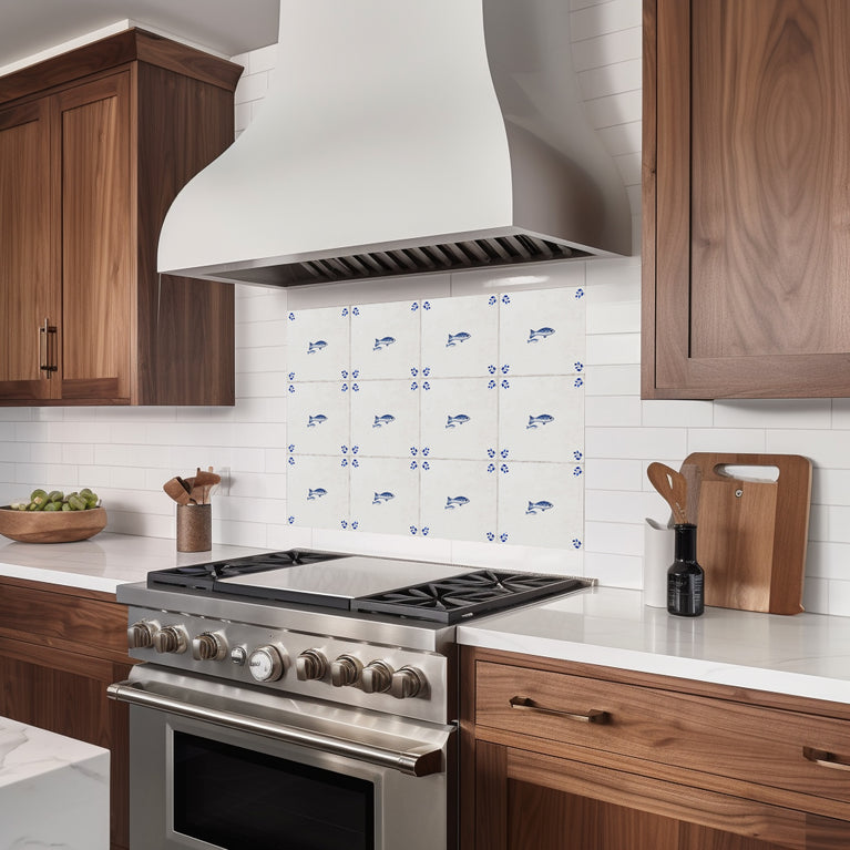 Delft Tile Vintage Mediterranean Fish Pair Hand-Drawn Blue Line Art Kitchen Backsplash Tile Stickers - D403