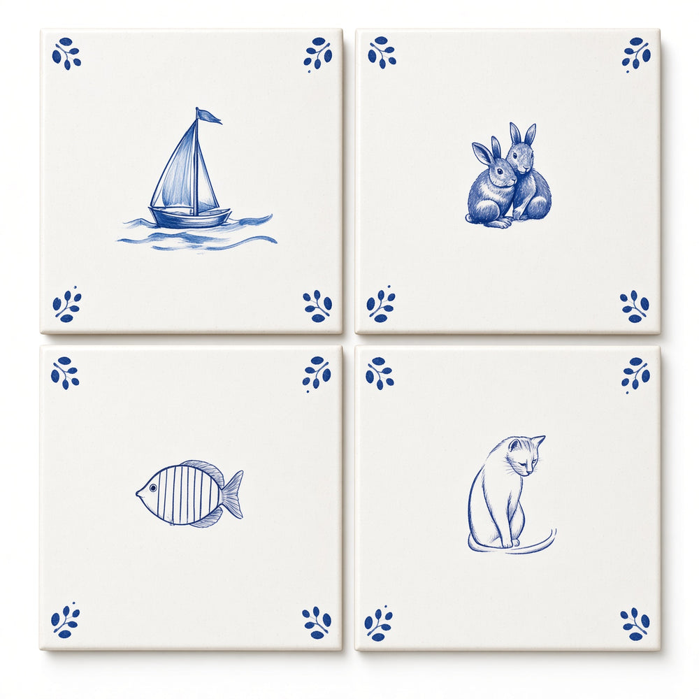 Delft Tile Blue & White Coastal Cottage Tile Backsplash Stickers – Nautical Sailboat, Bunny, Fish & Cat Pattern - D530