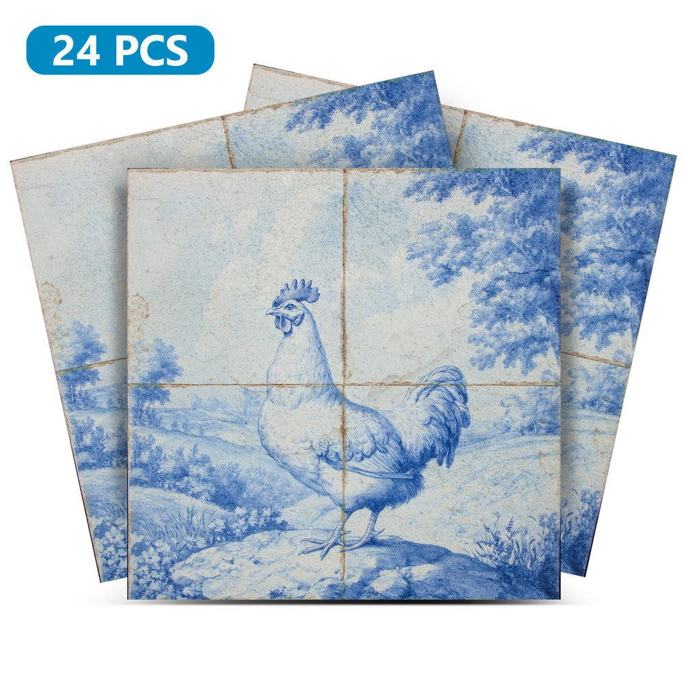 Rooster Delft Vintage Blue Design Peel And Stick Tile Stickers delft fireplace surround Kitchen Tile Trends - D66