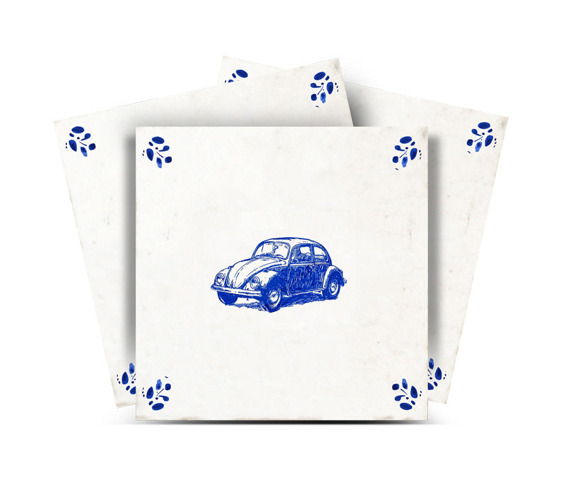 Delft Tile Retro Classic Car Backsplash Tile Stickers – Blue & White Vintage Automobile Kitchen Wall Decals with Decorative Botanical Corners - D92