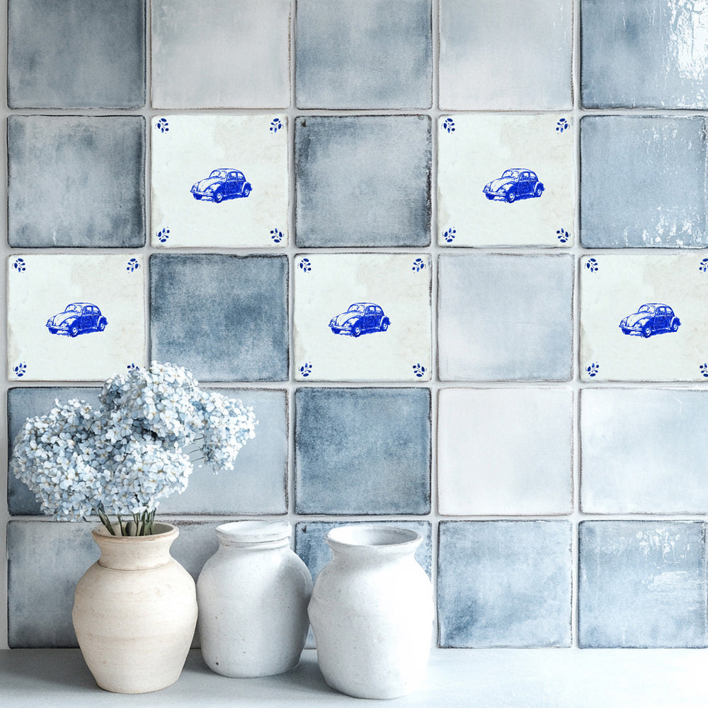 Delft Tile Retro Classic Car Backsplash Tile Stickers – Blue & White Vintage Automobile Kitchen Wall Decals with Decorative Botanical Corners - D92