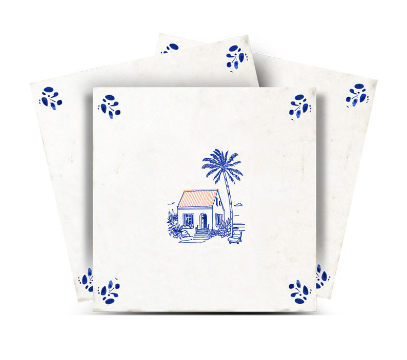 Delft Tile Vintage Blue & White Tropical Cottage Backsplash Tile Stickers – Charming Island House and Palm Tree Kitchen Wall Decals - D94