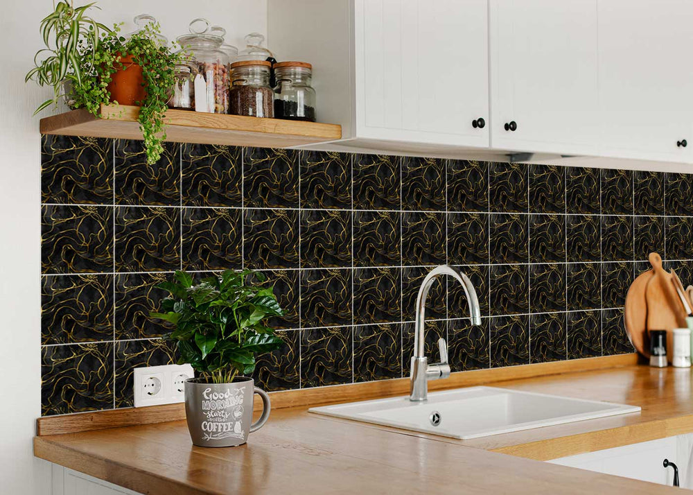 Beautiful Black backsplash with Orange and Marble look Easy to install Tile Stickers - R35