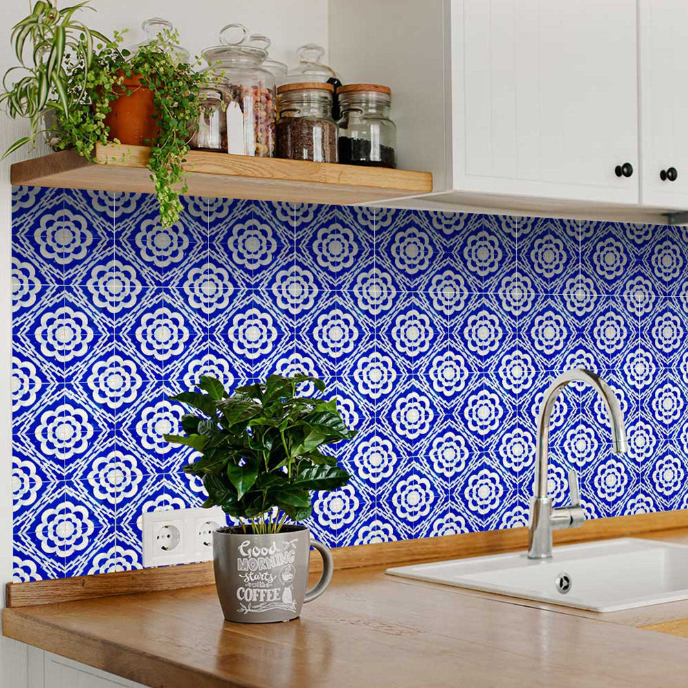 Blue Retro Spanish backsplash Removable Tile Stickers for renters Model - H10