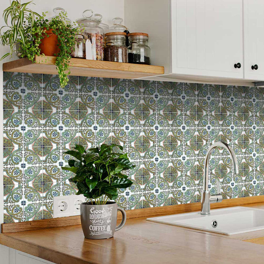 Green and White pattern easy to install Tile Stickers for kitchen Model - H31