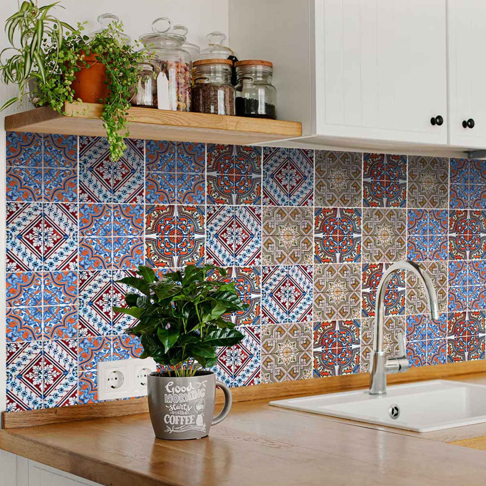 Red and Brown Vintage Spanish backsplash easy to install Tile Stickers Model - H403