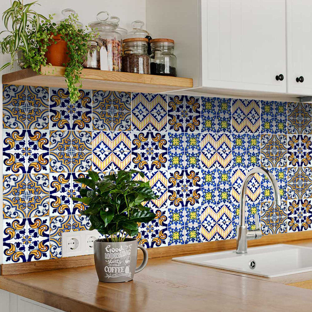Blue and Yellow different patterns Peel and Stick Tile Stickers for kitchen decoration Model - H404