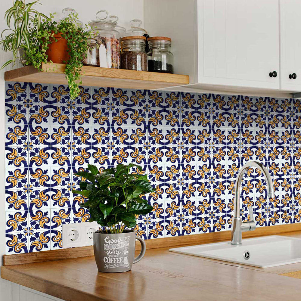 Blue and Yellow pattern Peel and Stick Tile Stickers removable retro Model - H40