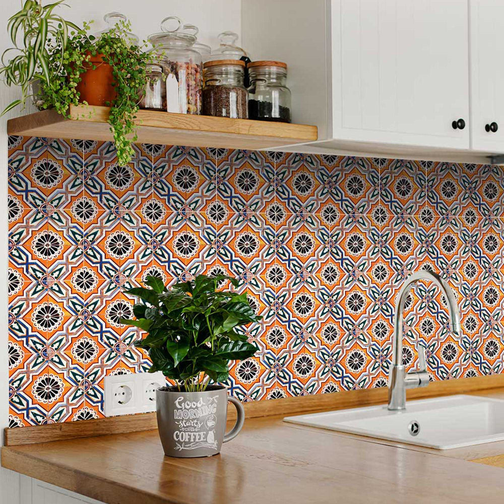 Mexican pattern Orange backsplash home decoration peel and stick Tile Stickers Model - H53