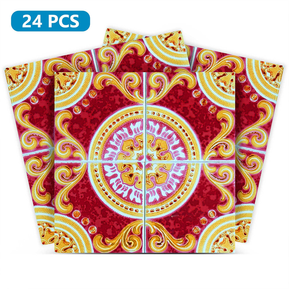 Vintage Spanish pattern Red and Gold backsplash removable tile stickers for renters Model - H57