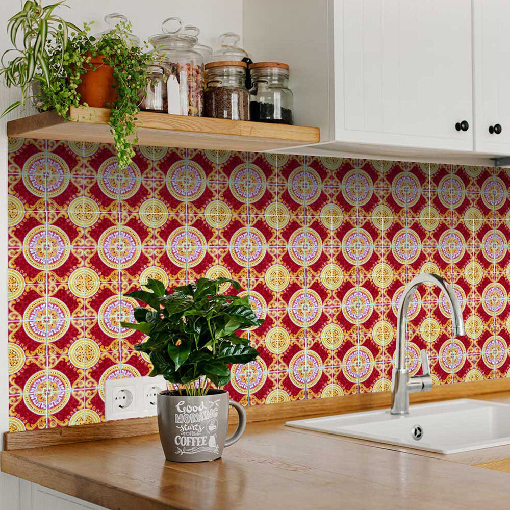 Vintage Spanish pattern Red and Gold backsplash removable tile stickers for renters Model - H57