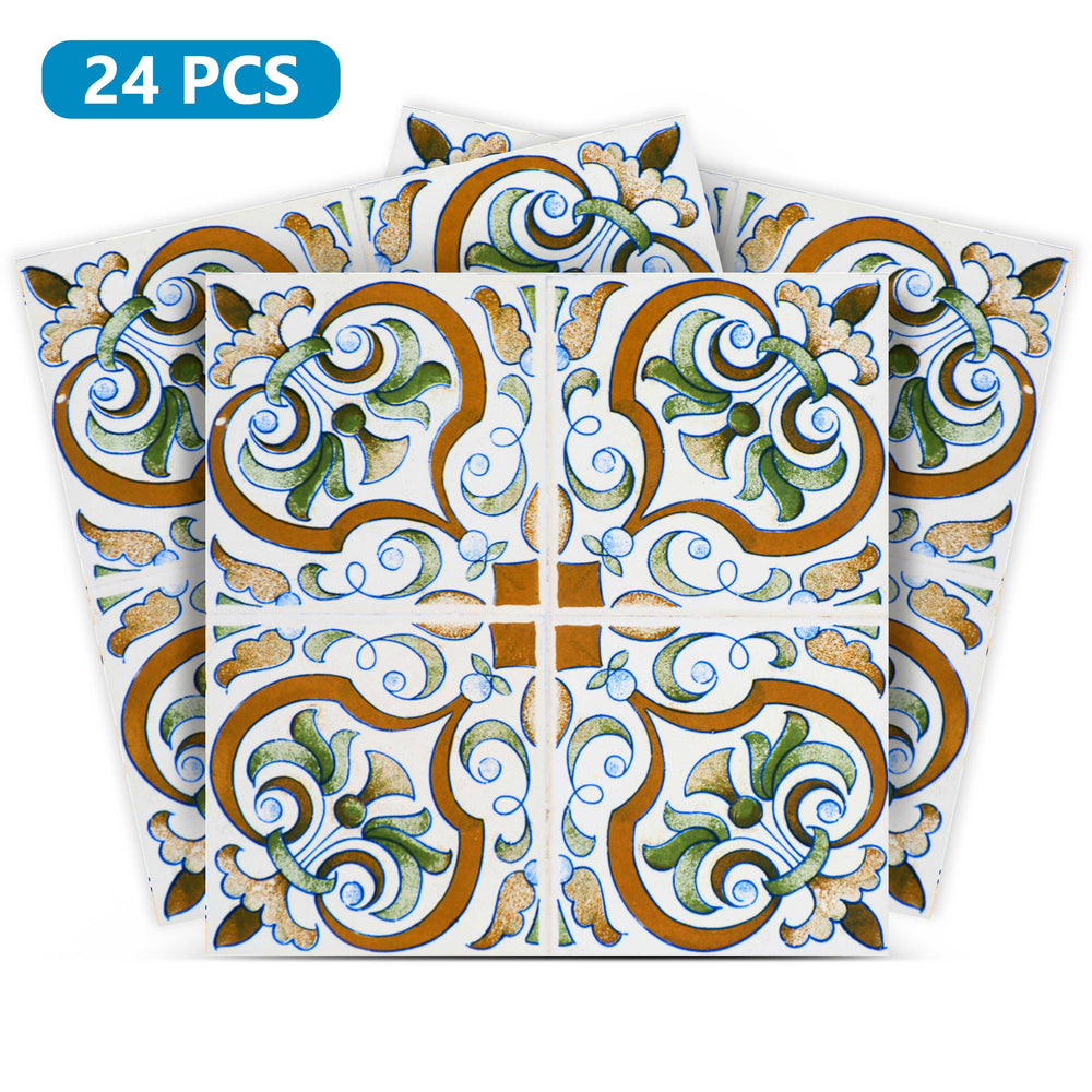 Vintage Spanish Mexican pattern dark shades Green and Brown Tile Stickers Model - H60