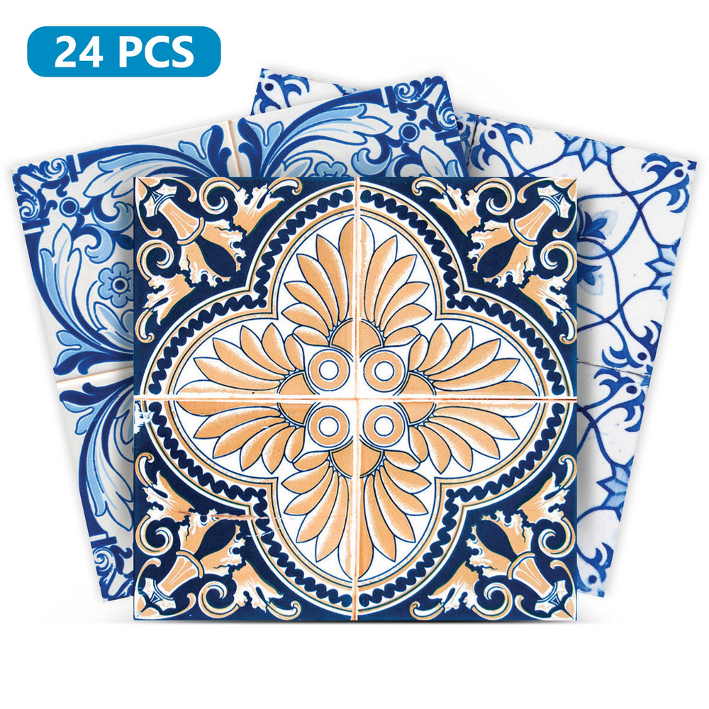 Orange and Blue Tile Stickers multiple patterns vintage Blue backsplash Model - H801