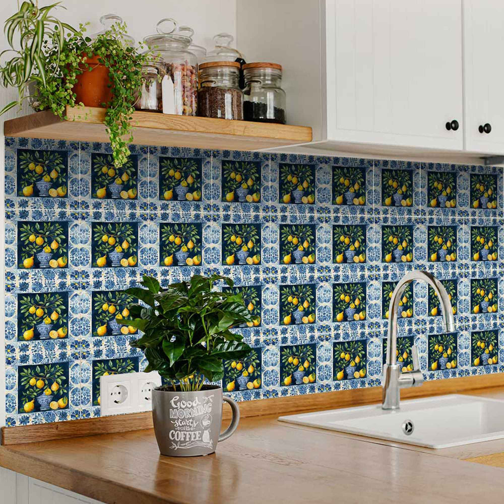 Vintage Sorrento lemon on Blue for wall with flower frame Peel and Stick Tile Stickers Model - L21