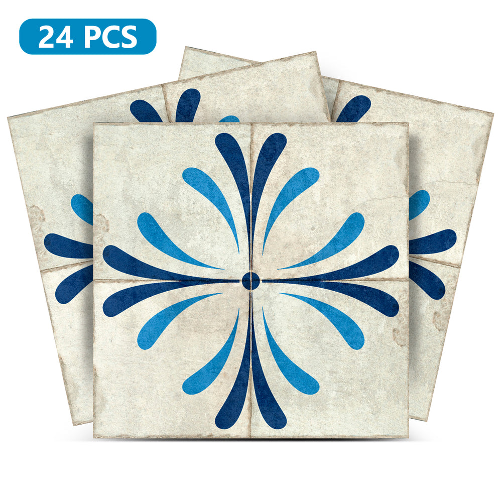 Blue Cream Vintage Flower Design Tile Stickers Model - R116