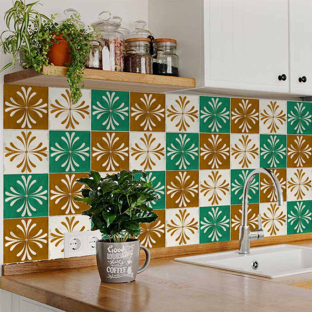 Green Gold Brown Vintage Multicolor Flower Design Tile Stickers Model - R1345