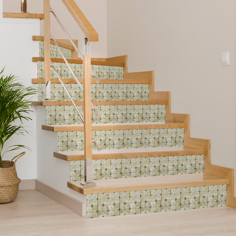 Green Self-adhesive tiles Peel and stick stair treads Vintage Green and cream retro Peel and stick tile, Kitchen Trends Vintage Decor Model - R145