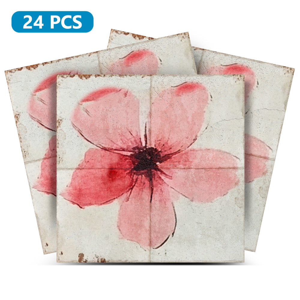 Pink Floral Peel and Stick Tile Stickers – Heat & Water Resistant for Fireplace Surrounds, Bathtubs, and Kitchen Backsplashes Model - R146