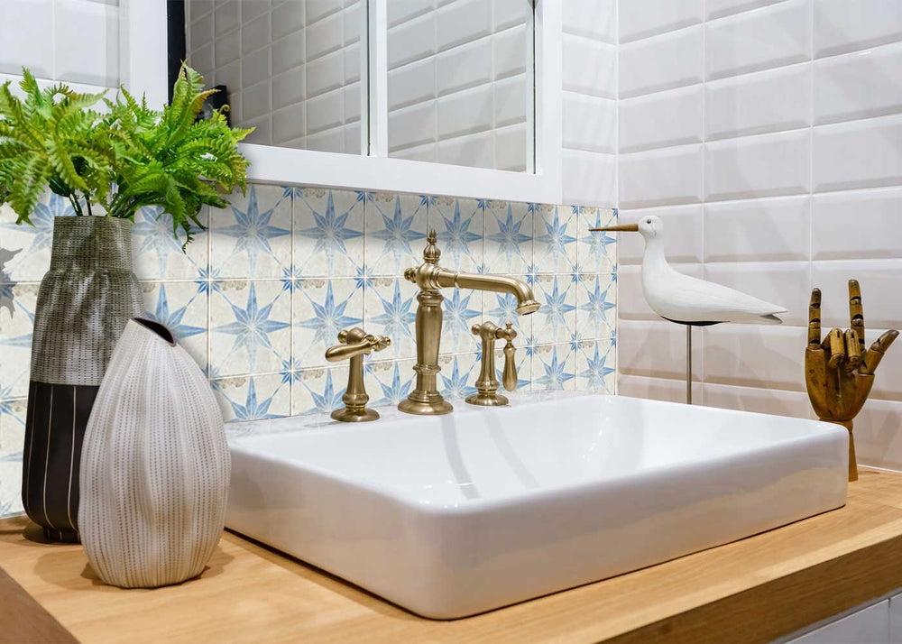 Blue vintage faded Star decorative wall design removable tile stickers for renters Model - R15