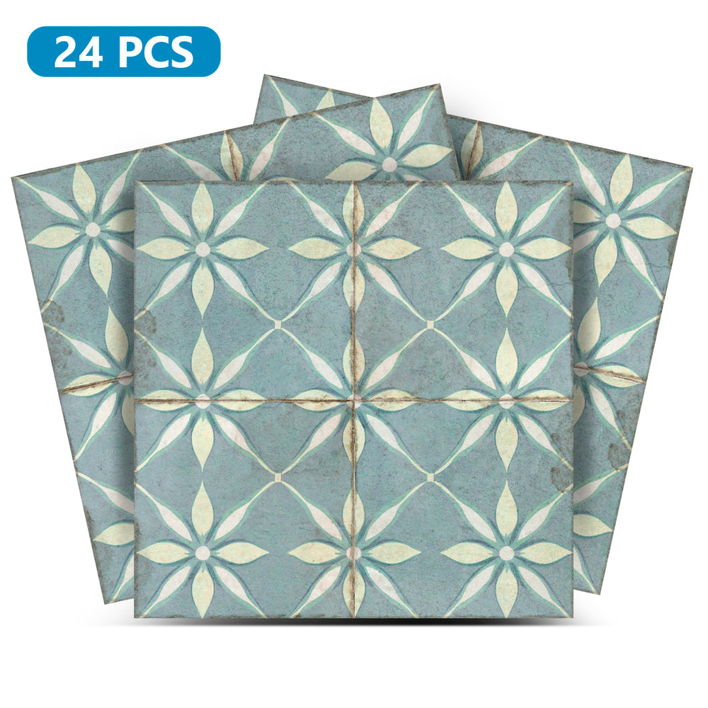 Floral Blue Retro Tile Decals – Peel and Stick Backsplash Stickers 24-Piece Set for Kitchen, Bathroom, or Furniture Model - R18