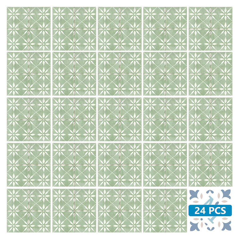 Green Vintage Peel And Stick Tile Stickers White Flower Pattern R200 Model - R200