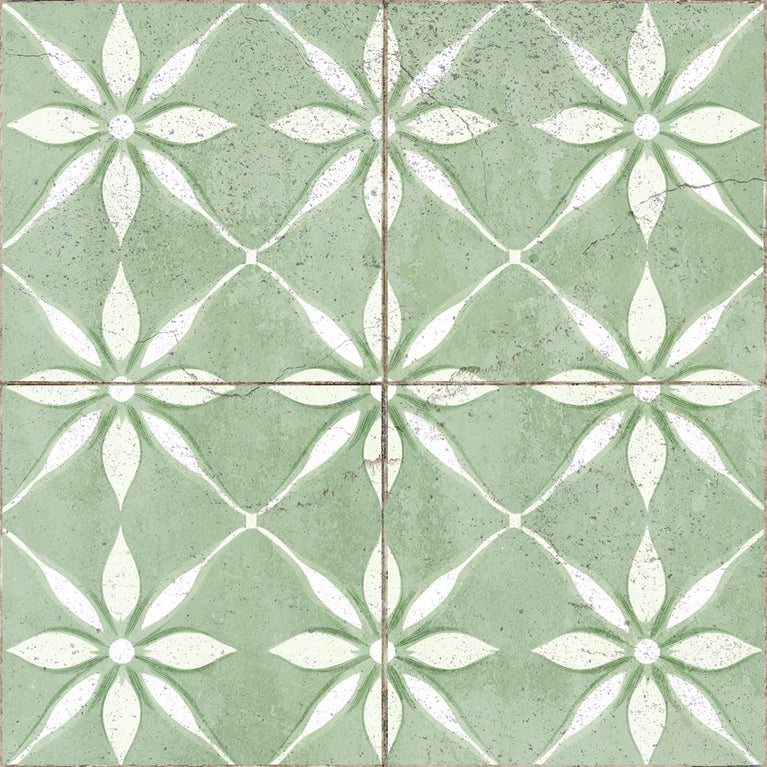 Green Vintage Peel And Stick Tile Stickers White Flower Pattern R200 Model - R200