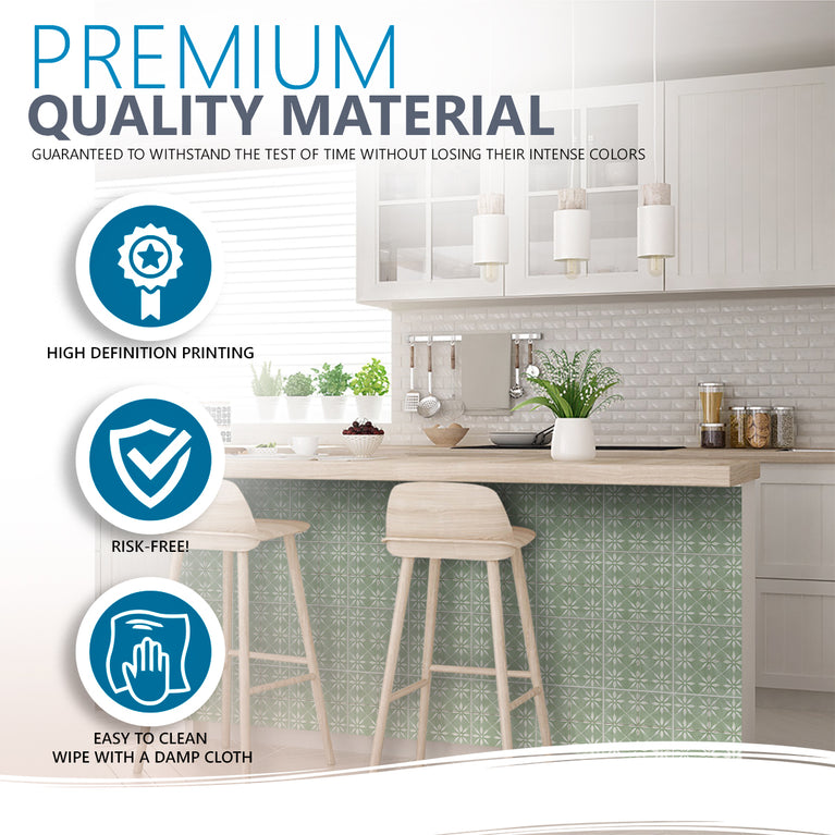 Green Vintage Peel And Stick Tile Stickers White Flower Pattern R200 Model - R200