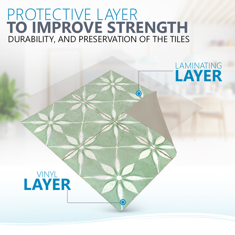 Green Vintage Peel And Stick Tile Stickers White Flower Pattern R200 Model - R200